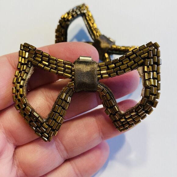 Vintage Shoe Clips Pair Coppery Glass Seed Beads Mid Century Art Deco Fashion - Picture 4 of 6